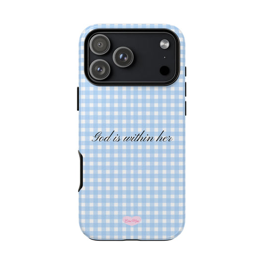 Light Blue Gingham 'God Is Within Her' Phone Case